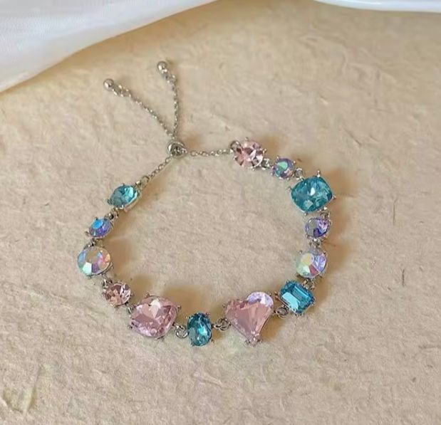 Masala Beads Elegant Colorful Rhinestone Zircon Design Bracelet Fashionable Shiny Sweet Wristband Adjustable Chain Crystal Heart Charm Bracelets Women's Delicate Jewelry