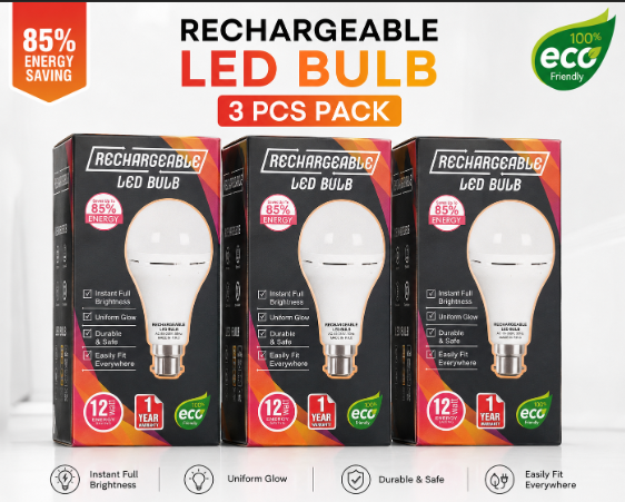 Rechargeable LED Bulb 12W - Emergency Light with Battery Backup | 3 PCS Pack | Energy Saving 85% | Load Shedding Solution