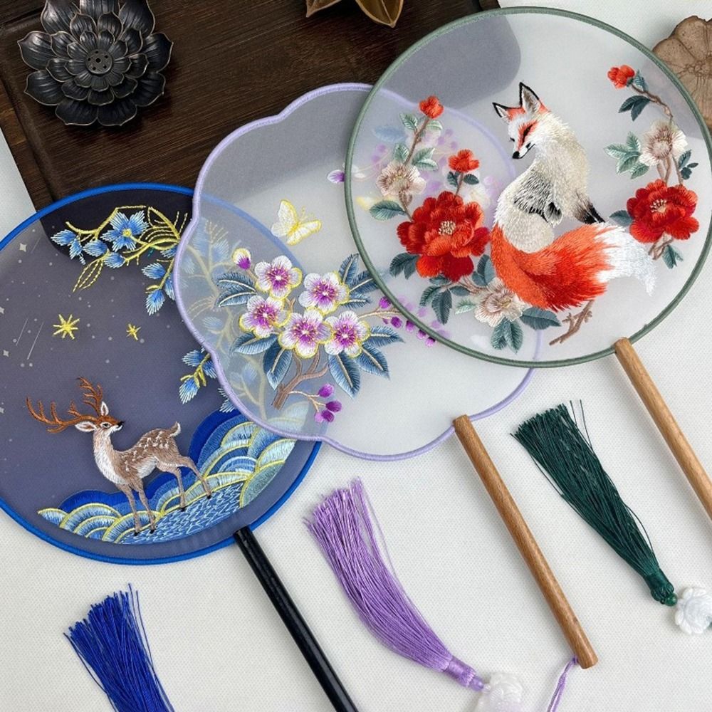 Hanfu Hand Fan Chinese Style Double Sided Embroidery Fan Semi-Transparent Long Handle Vintage Hand Fan with Tassel Classical Dance Fan Wedding