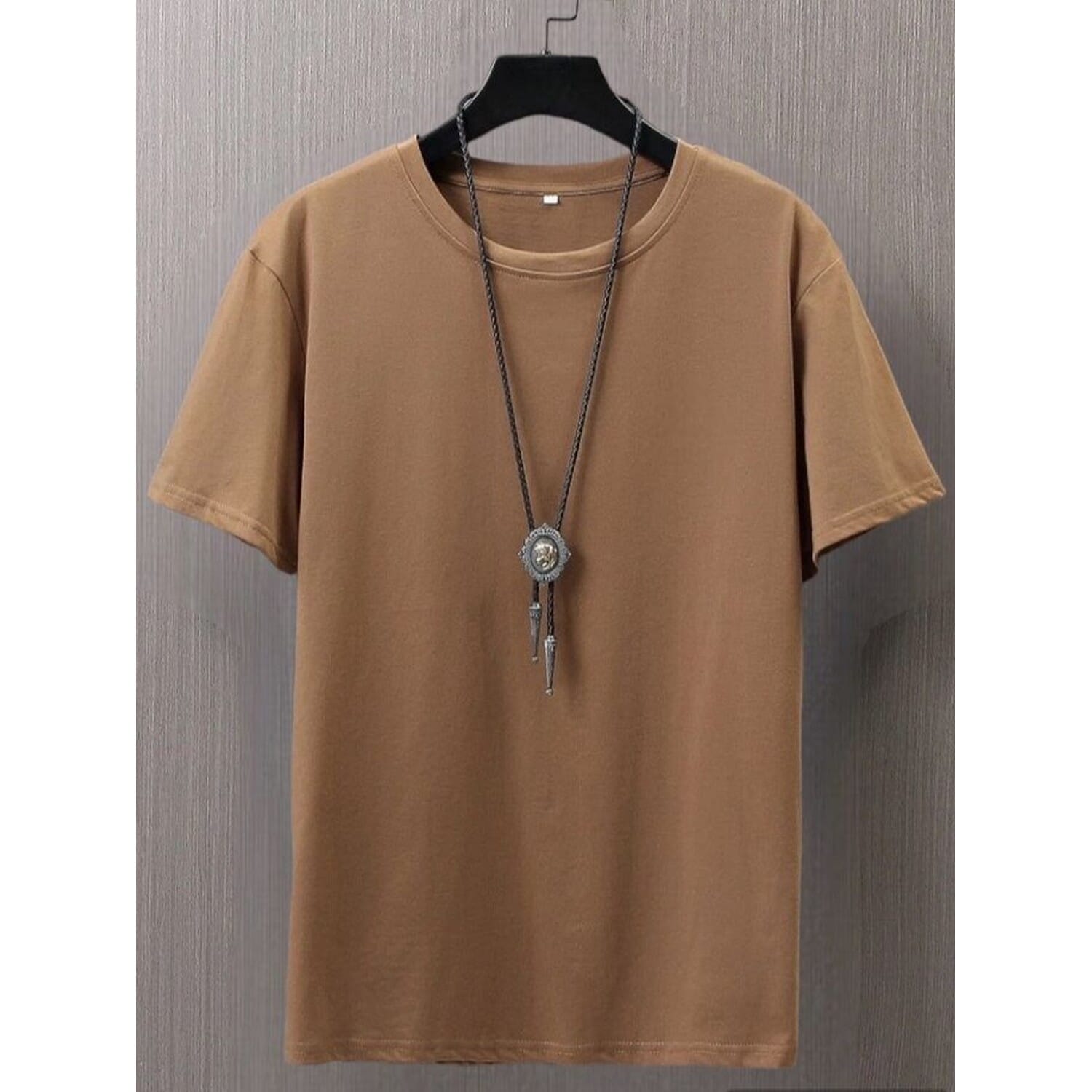 Men Round Neck Solid T-shirts-Brown