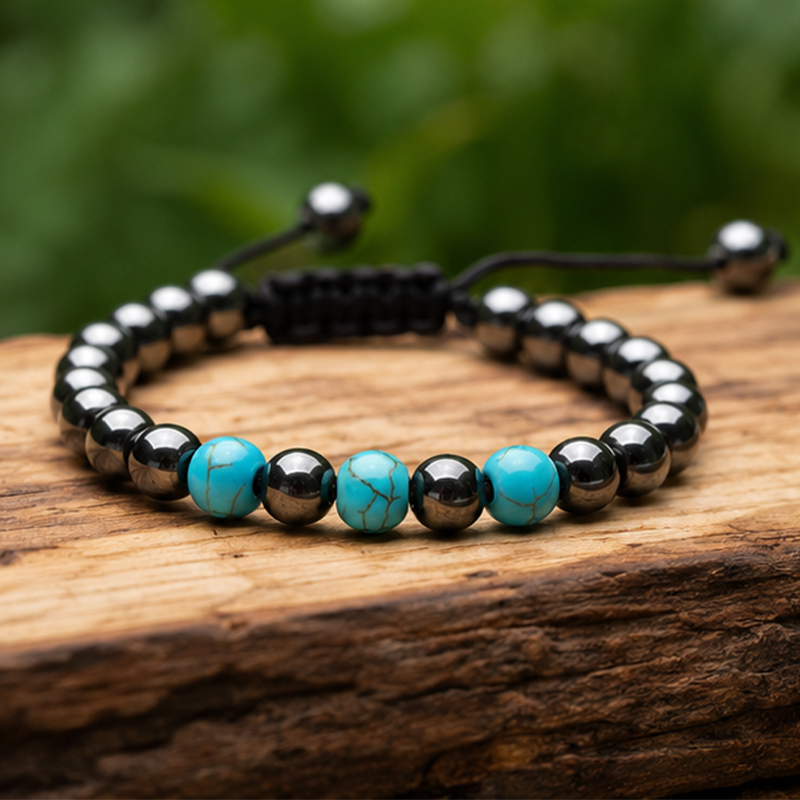 8 mm Hematite & Turquoise Stone bead bracelet for Men by Treasure Box Nepal