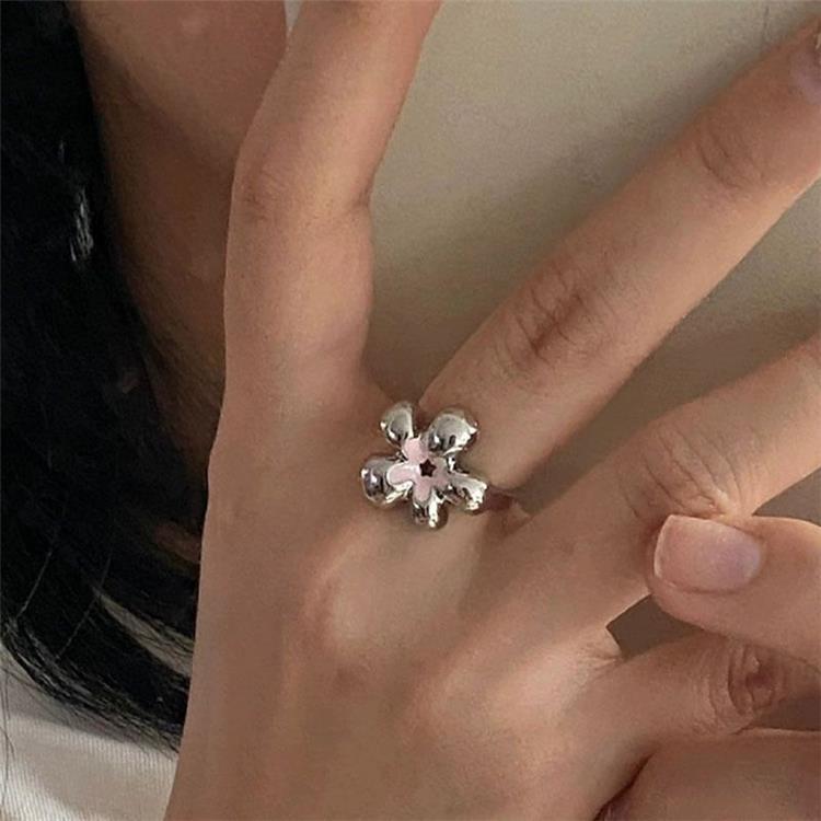【Hottest Trends】New Pink Flower Ring Sweet Cool Niche Design Unique Simple Small Fresh Index Finger Open Ring Ring for Women