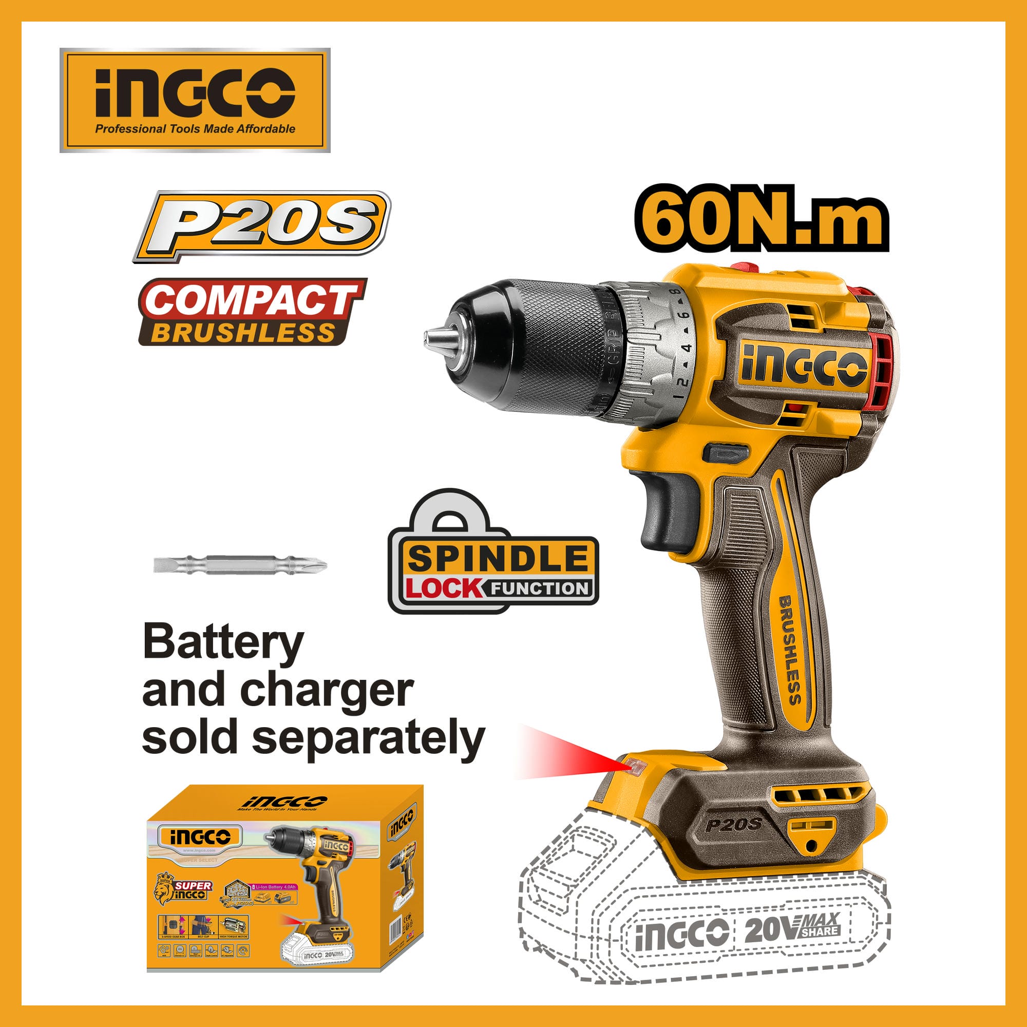 Ingco New Compact Brushless Drill 20V Cordless