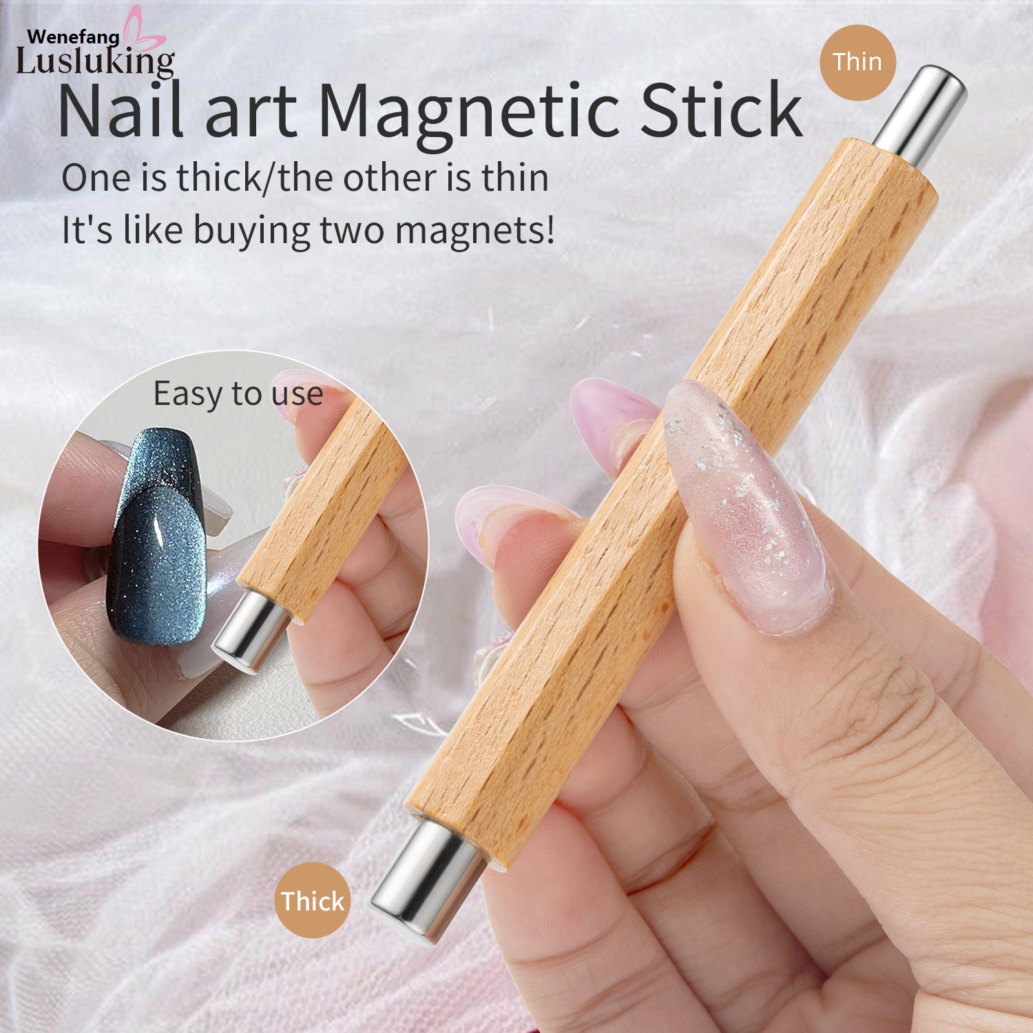 Wenefang 1pc Nail Art Nail Magnetic Stick Cat Eye Magnetic Rod Wooden Handle Fashion Cylindrical UV Gel Magnet Tools Double End Nail Design Tools