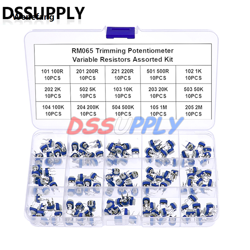 Wenefang 150PCS/Set Free Box RM065 RM-065 Trimming Potentiometer 100 1K 2K 2025 New 5K 10K 20K 50K 100K 200K 500K Variable Resistors Assorted Kit