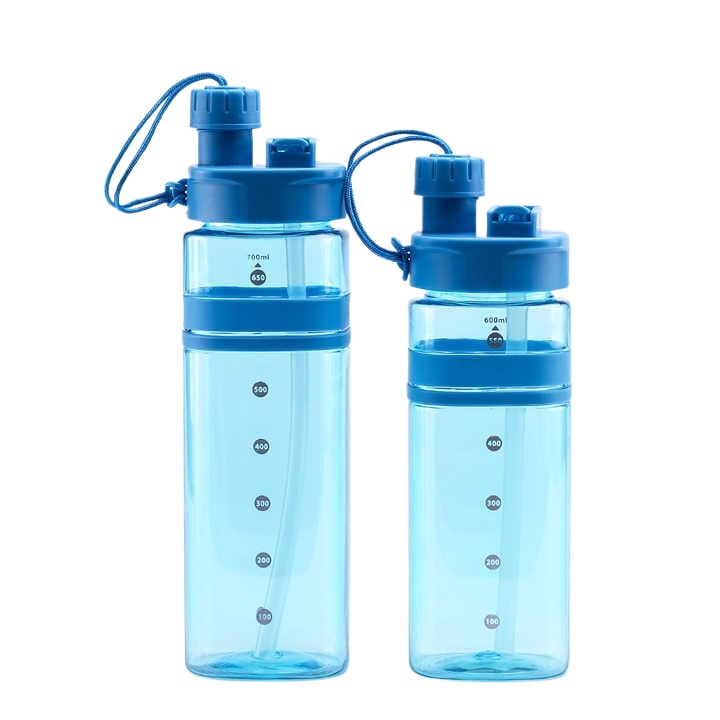 Plastic Square Shaped Drinking Sports Water Bottle With Straw 700ML - Blue
