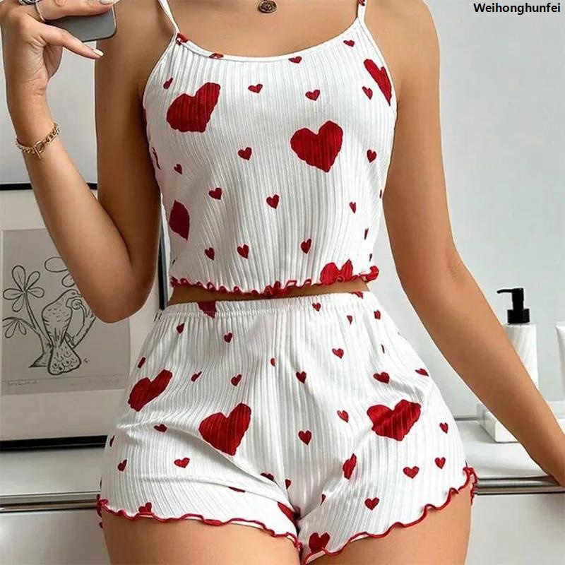 WeihonghunfeiSales promotion Women's Pajamas Set Sleepwear 2 PCS Short Tank Tops And Shorts S M L White Ventilate Soft Casual Love Printing