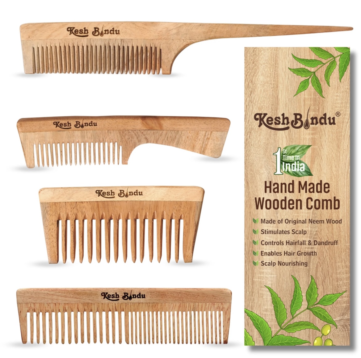 KeshBindu Different 4 Types Of Neem Wooden Combs Set (Dual Tooth Comb + Wide Tooth Comb + Handle Comb + Tail Comb)