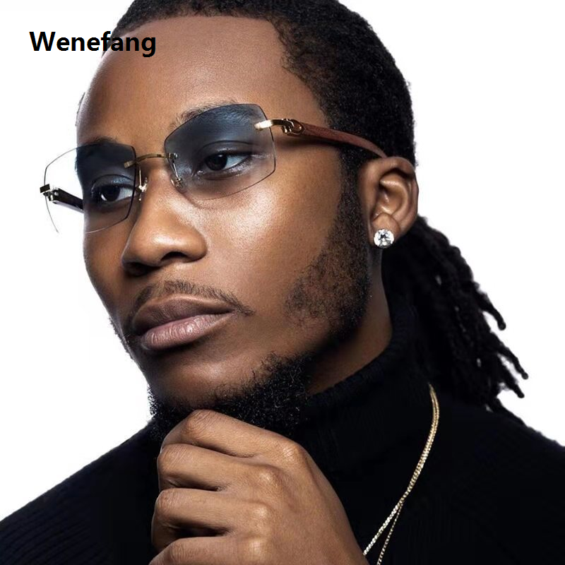 Wenefang Rectangle Fashion Rimless Sunglasses for Women Men Gangster 90s Frameless Shades Retro Vintage Trendy Wooden Frame Eyewear