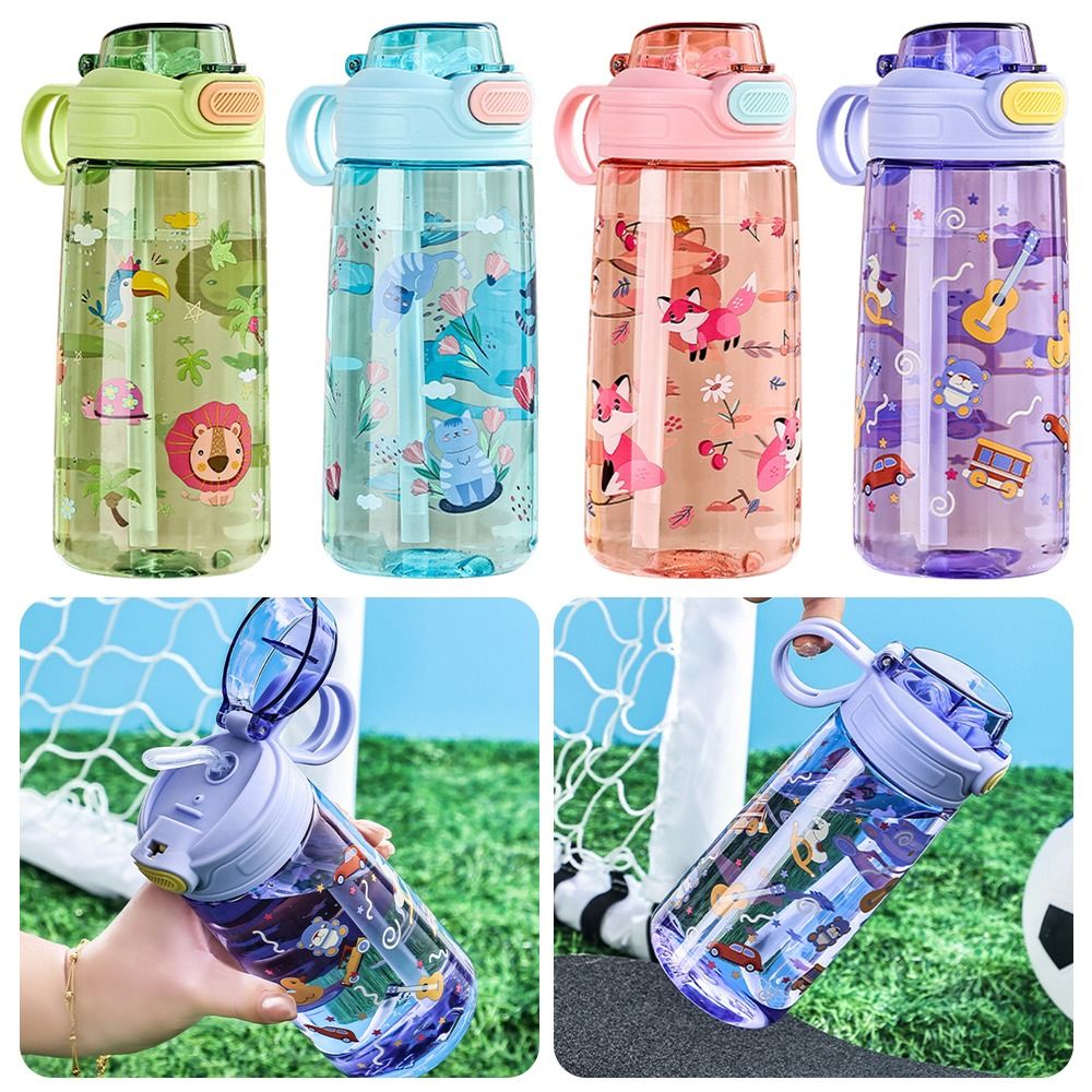 Portable 550ML Water Bottle Cartoon Print Leak Proof Drinking Bottle Large Capacity with Straw Sports Water Bottle for Students