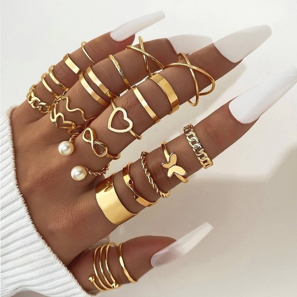 Trendy And Cute: Gold Colored 13 Piece Butterfly Love And Pearl Ring Set For Women And Girls