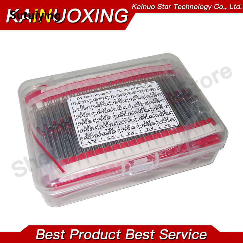 Sutuiying 600pcs 30Values*20pcs 3V-47V Diode Kit 1W Zener Voltage Regulator Sales promotion 3V 10V 12V 13V 16V 18V 20V 22V 24V 30V 47V 39V Zener Diode Set