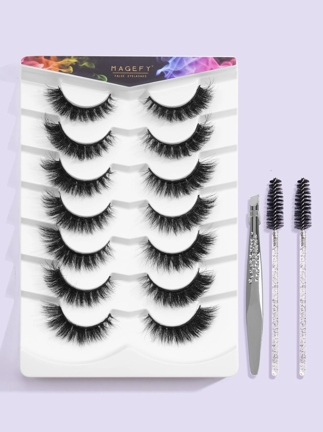 Maange MAGEFY 7 Pairs Natural, Thick Curling Fluffy Eyelashes With 1pc Eyelash Tweezers and 2pcs Disposable Eyelash Brush MGY7575
