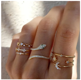7Pcs Gold Color Ring Collection - Elegant Snake, Star, Pearl & Zircon Designs for Women’s Party Jewelry