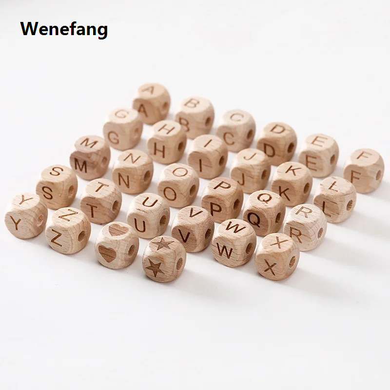 Wenefang 10pcs 12mm Wooden Letters Beads English Alphabet DIY Baby Personalized Name Pacifier Chain Clips Bracelet Accessories Teethers