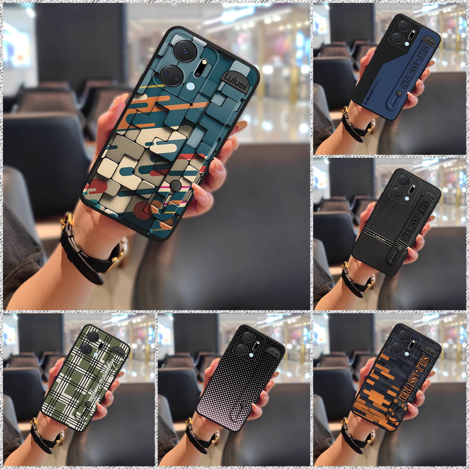 Shockproof Kickstand Phone Case For Honor X7a/Play7T 5G Wristband Geometry Phone Holder Commerce Plain color Back Cover