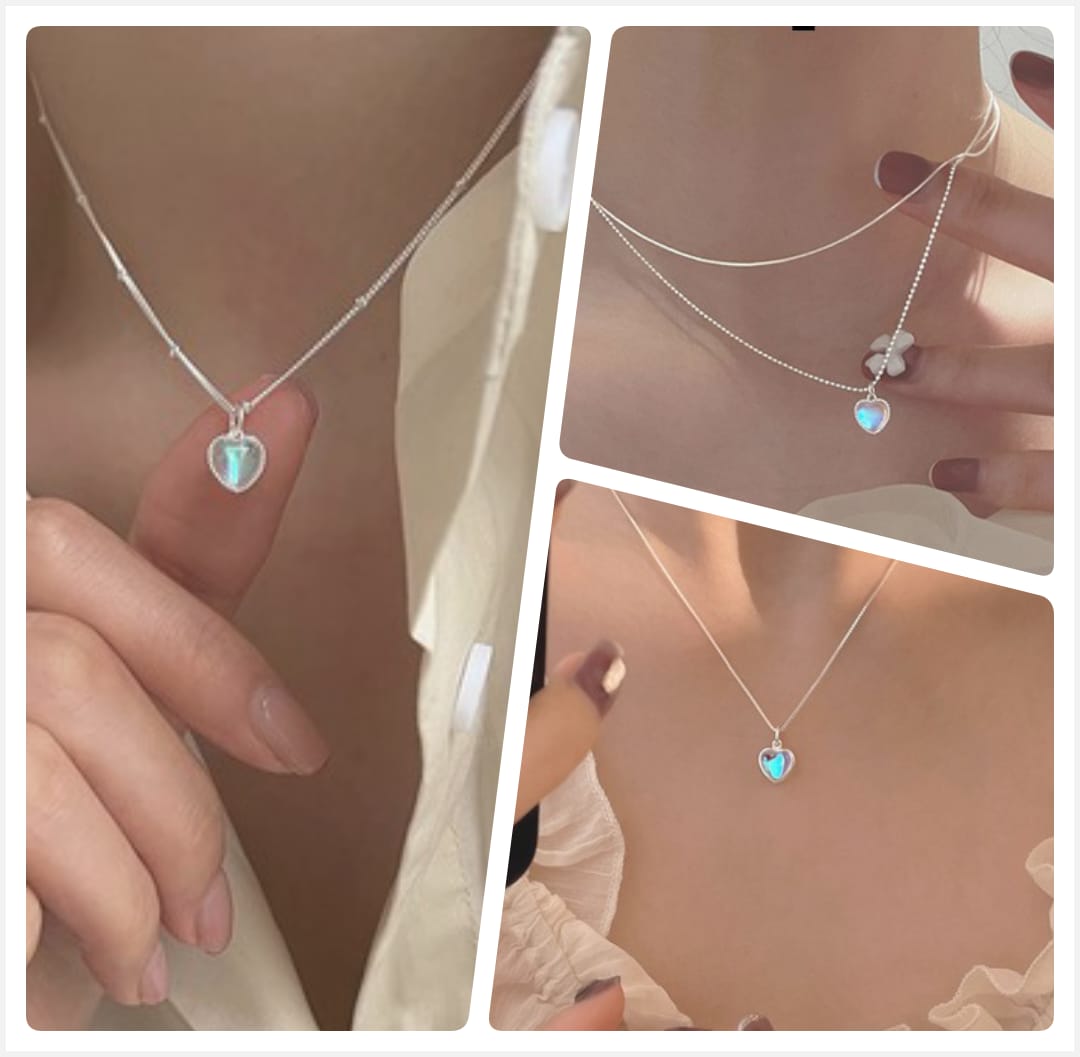 1 Piece Elegant Double Layer/ Single Layer Moonstone Heart Pendant Necklace Silver Color Clavicle Chain For Women (Best Gift Ever)