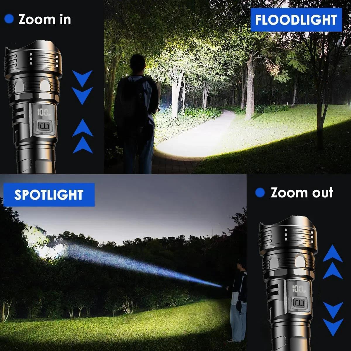 Portable Powerful Laser Led Flashlights 5000LM Ultra Bright Tactical Light Emergency Spotlights Telescopic Zoom Light Built-in Battery