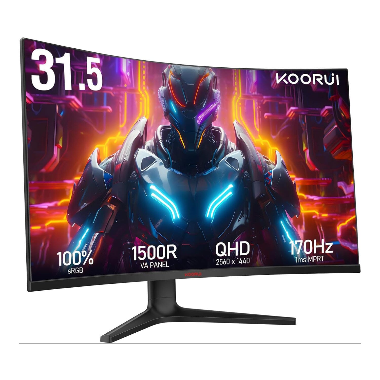 KOORUI 32 inch Curved Gaming Monitor - QHD (2560 x 1440) 2K Display, 170Hz 144Hz Monitor, 1500R Curvature, 1ms, HDR10, Adaptive Sync, Tilt Adjustable, DisplayPort HDMI, Black - 32E6QC