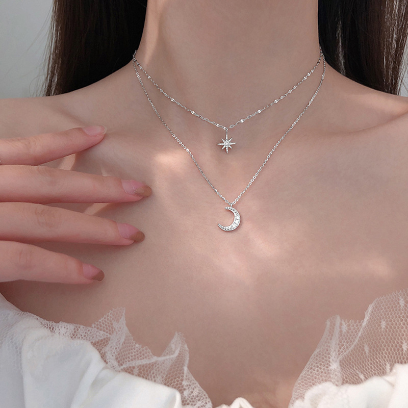 【New Arrivals】Korean Style Ins silver Flash Diamond Star Moon Double Layer Necklace Niche Women's Clavicle Chain Design Light Luxury New Style