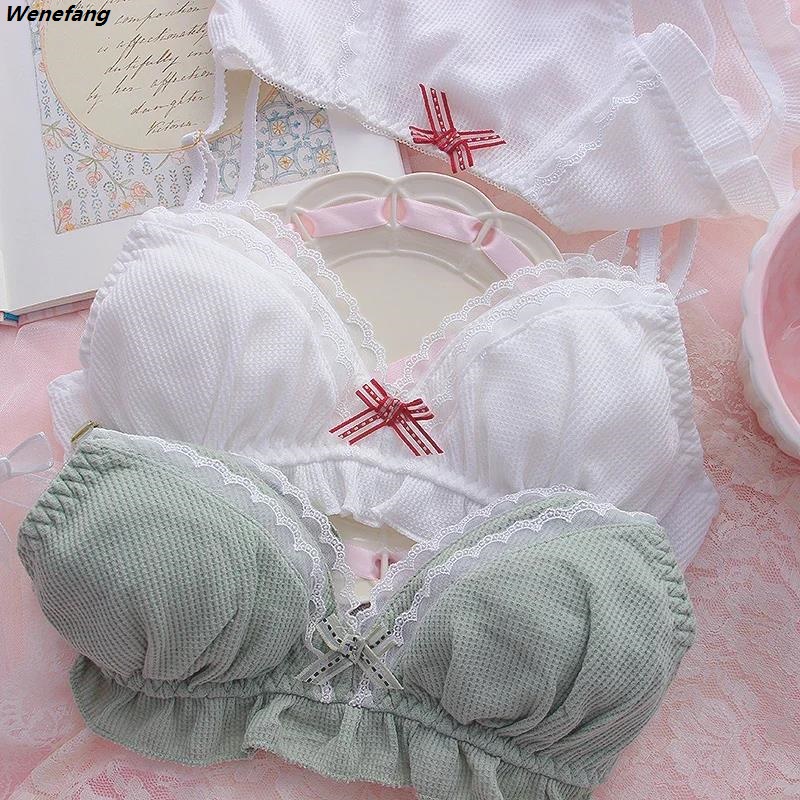 Wenefang Sweet Bras Undewear Set Japanese Kawaii School Girl Breathable Cotton 2025 Push Up Cute Intimate Lace Floral Lolita Bow Lingerie 2024