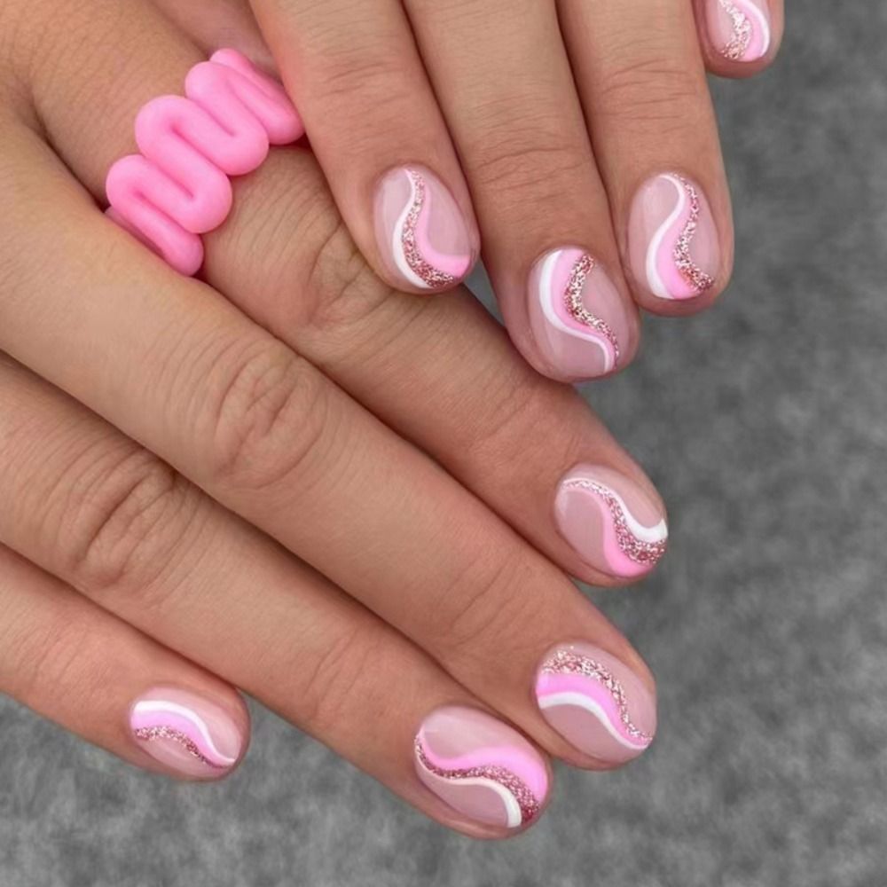 24pcs Manicure Press on Nails Pink White Wavy DIY Colorful Star Fake Nails Oval Long French