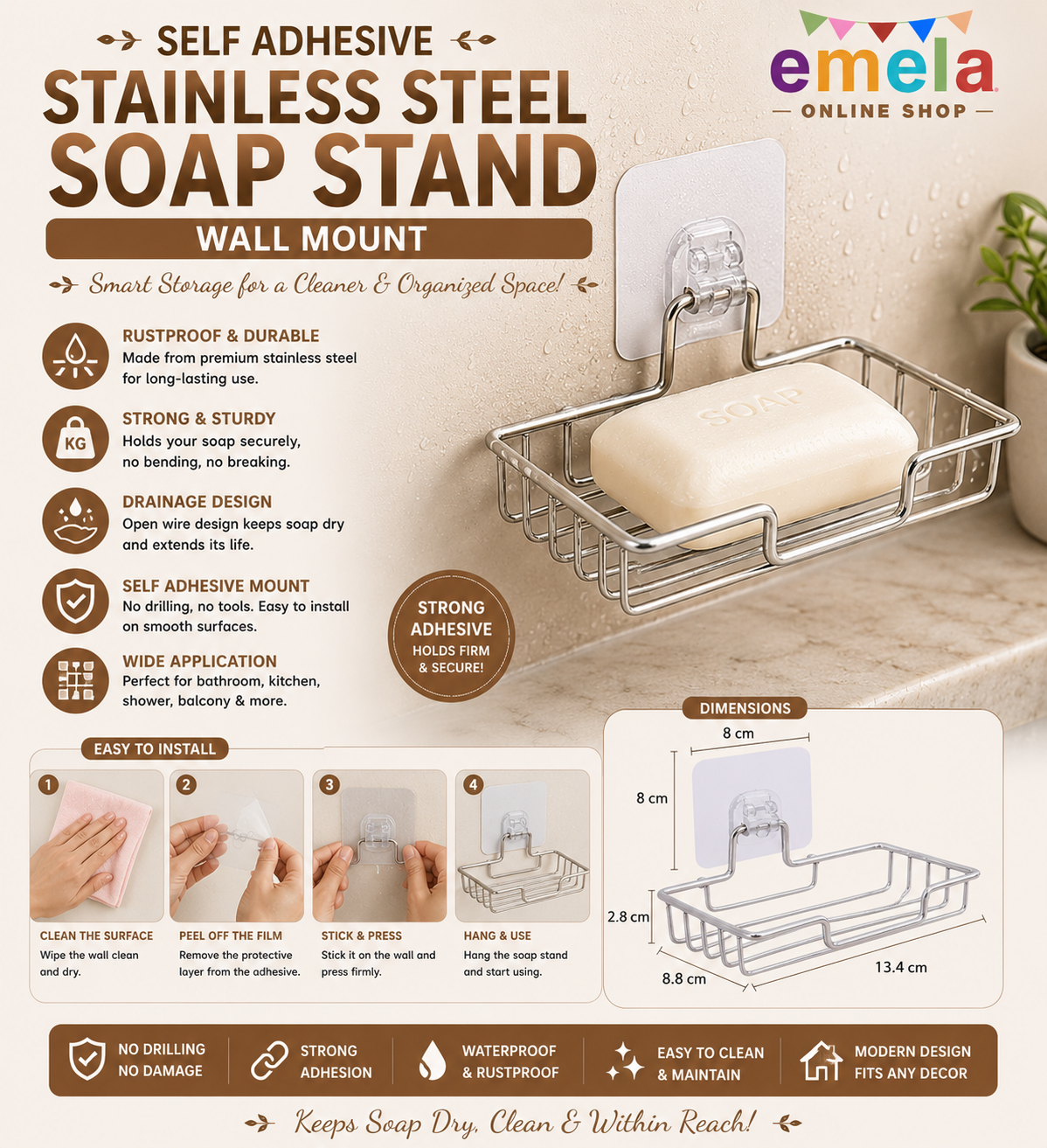 Self Adhesive Stainless Steel Soap Stands Wall Mount