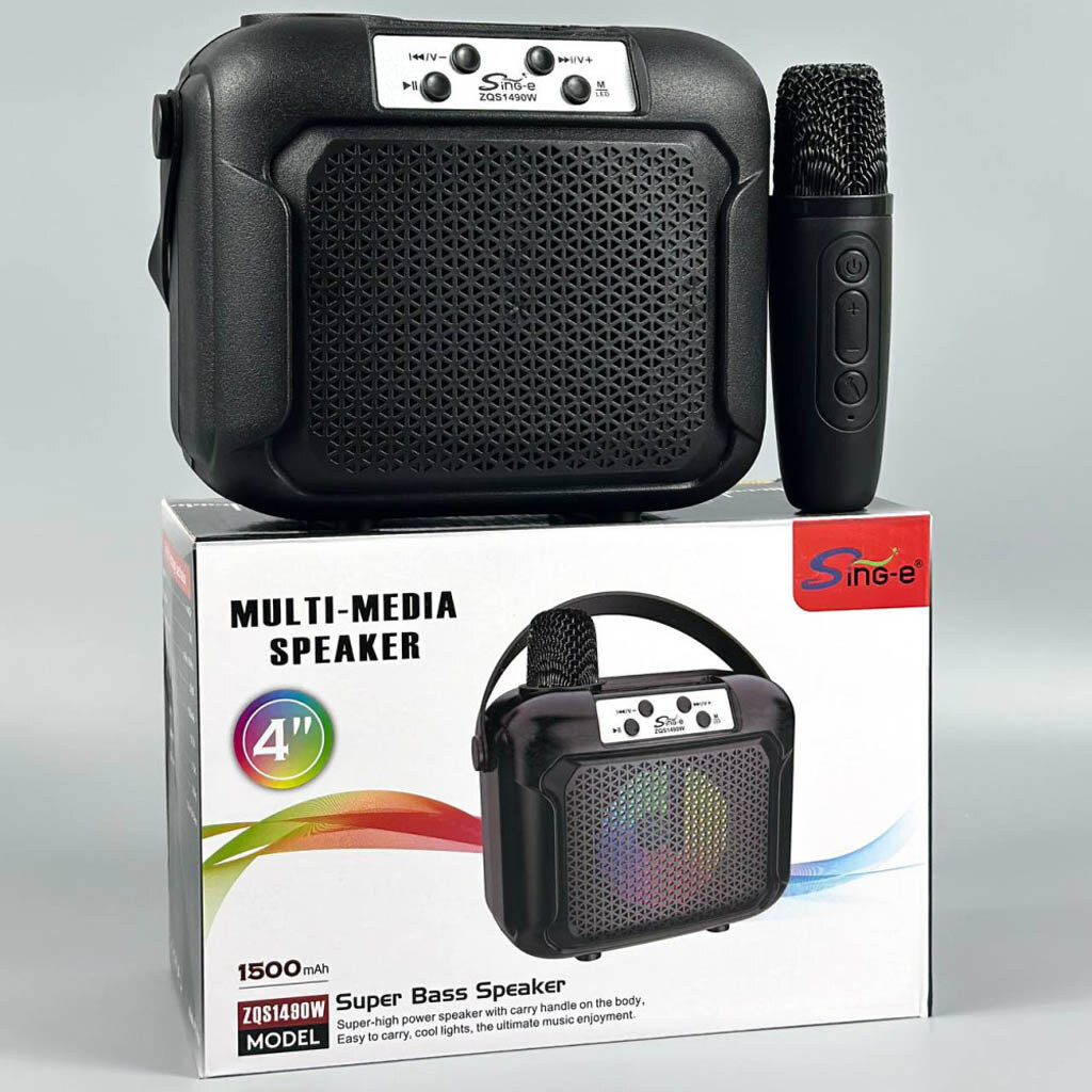 SING-E ZQS1490W Portable Mini Karaoke Bluetooth Speaker with Microphone | Colorful LED Lights | TF Card, USB & FM Support | Rechargeable Wireless Party Speaker
