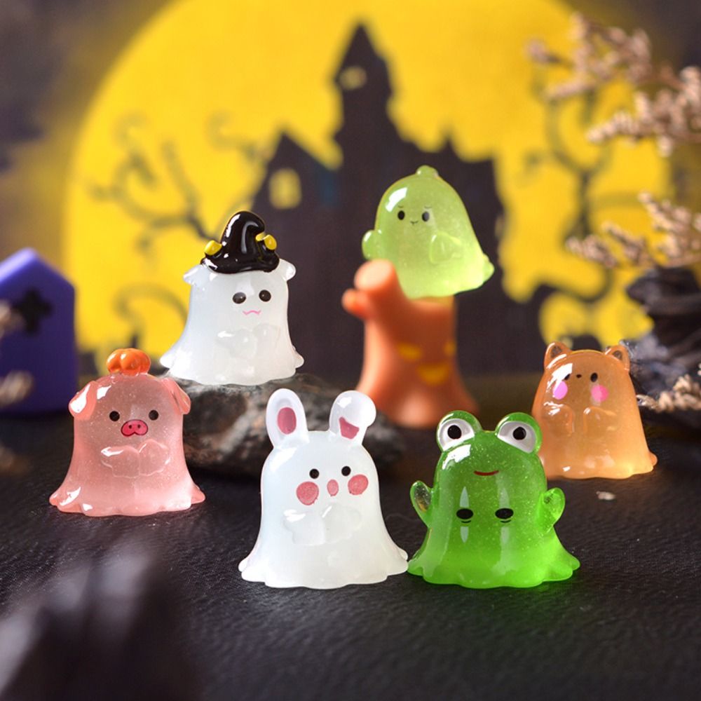 6Pcs Cute Halloween Luminous Ghost Statue Funny Ghost Pig Rabbit Fairy Garden Animals Micro Landscape DIY Accessories Garden Decorations