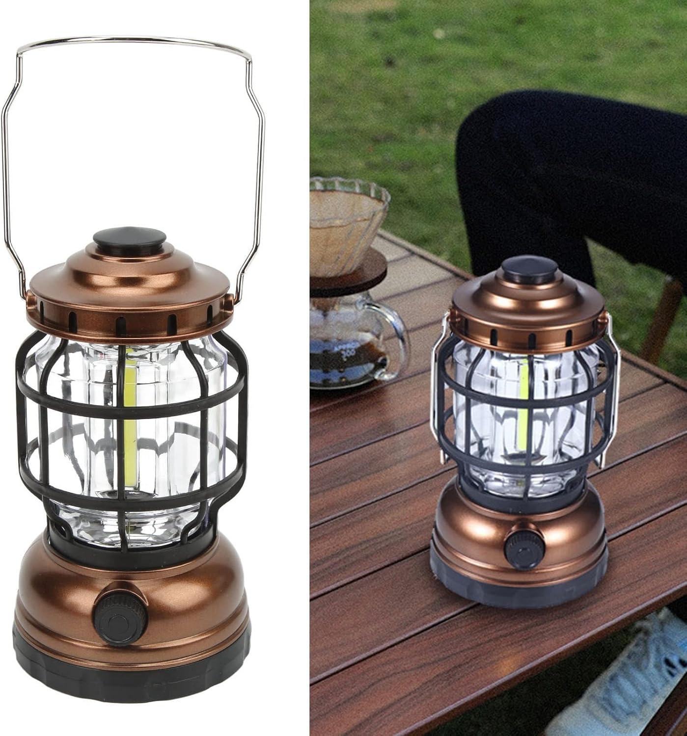 Camping Lantern, Portable USB Charging Vintage Tent Lamp COB IPX4 Waterproof Tent Lamp Bulb with Handle for Outdoor Emergency Hiking Fishing (Broze)