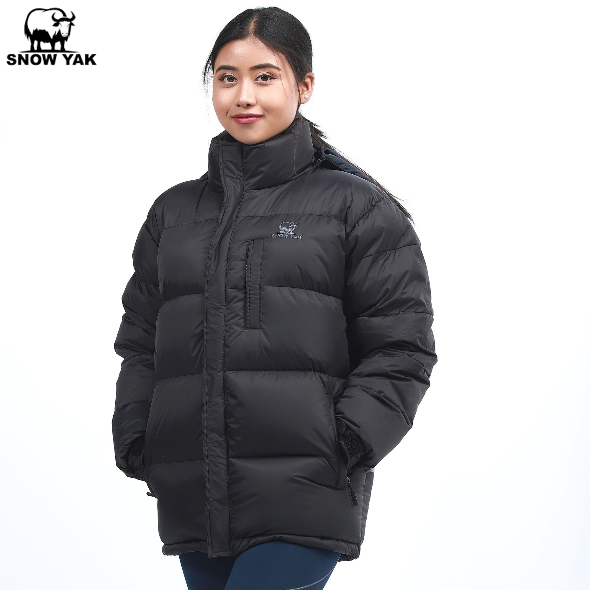 Snow Yak Black Color Full Sleeves Side Zipper Pocket Design Trekking Down Jacket For Women