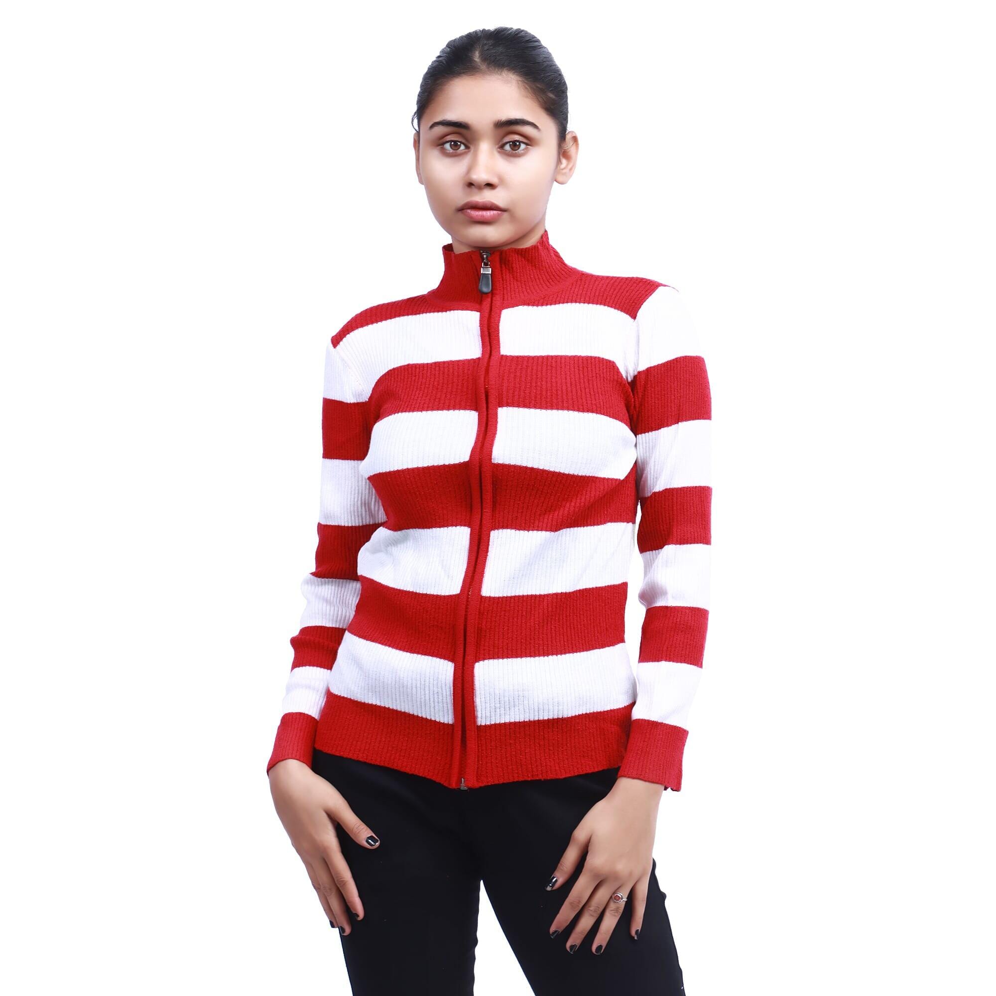 White/Red Color Woolen Full Sleeves Front Zippered Design Sweater For Women