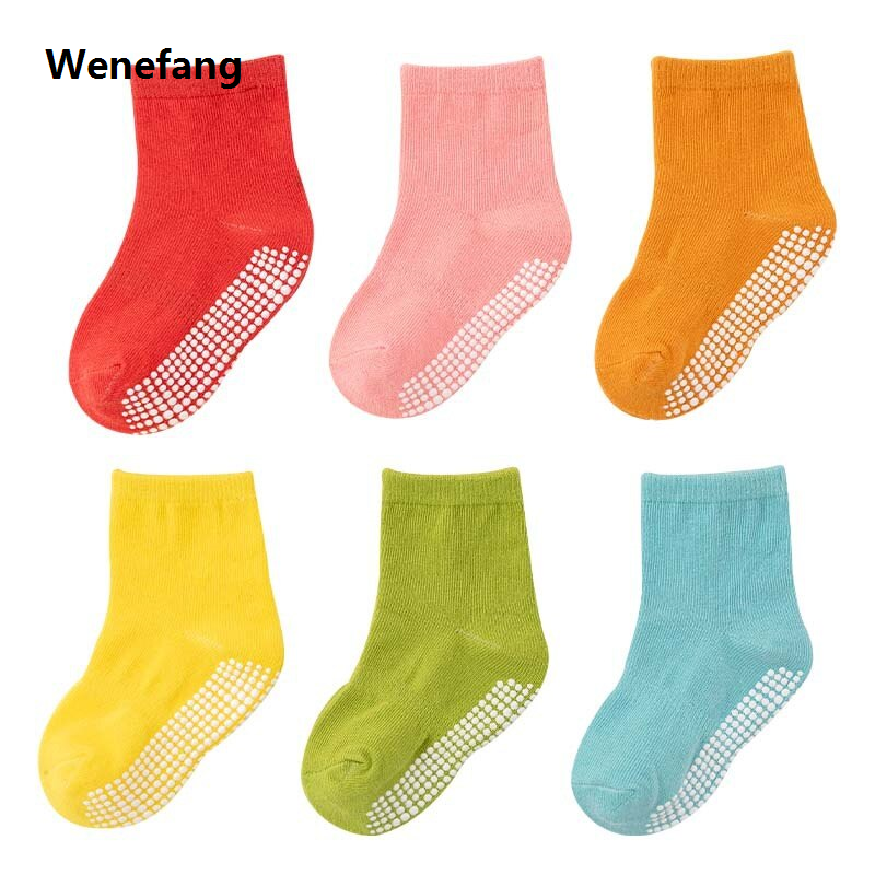 Wenefang 6 Pairs/Lot Spring Autumn Kids Antislip Socks Solid Color Soft Sales promotion Breathable Cotton Baby Ankle Socks Boys Girls Trampoline Socks