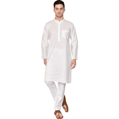 White Solid Pure Cotton Traditional Kurta Pajama Set For Men