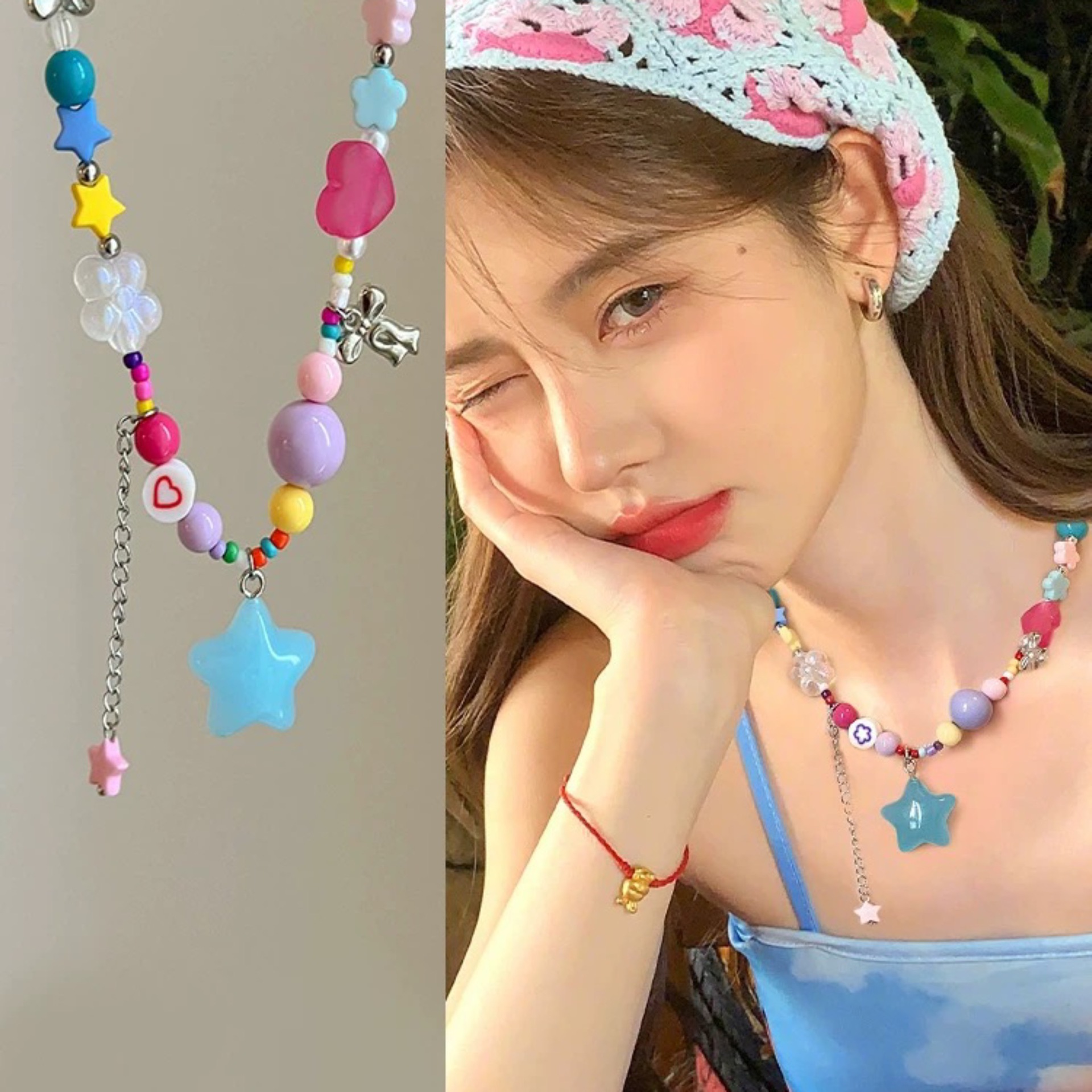 【Quality certifications】Candy Color Beaded Necklace Women's Cute Stars Dopamine Sweet Cool Spice Clavicle Chain Trendy