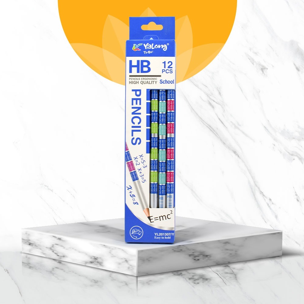 Yalong (HB) wooden pencil, sharpened, with multiplication table, with eraser, assorted colors, in a box
