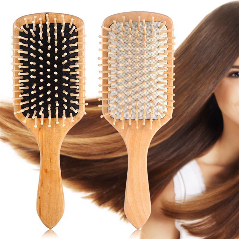 High End Wide Flat Wooden Hair Brush Comb Metal Tooth For Less Hair Breakage and Scalp Massage Anti Static Detangling Boar Bristle