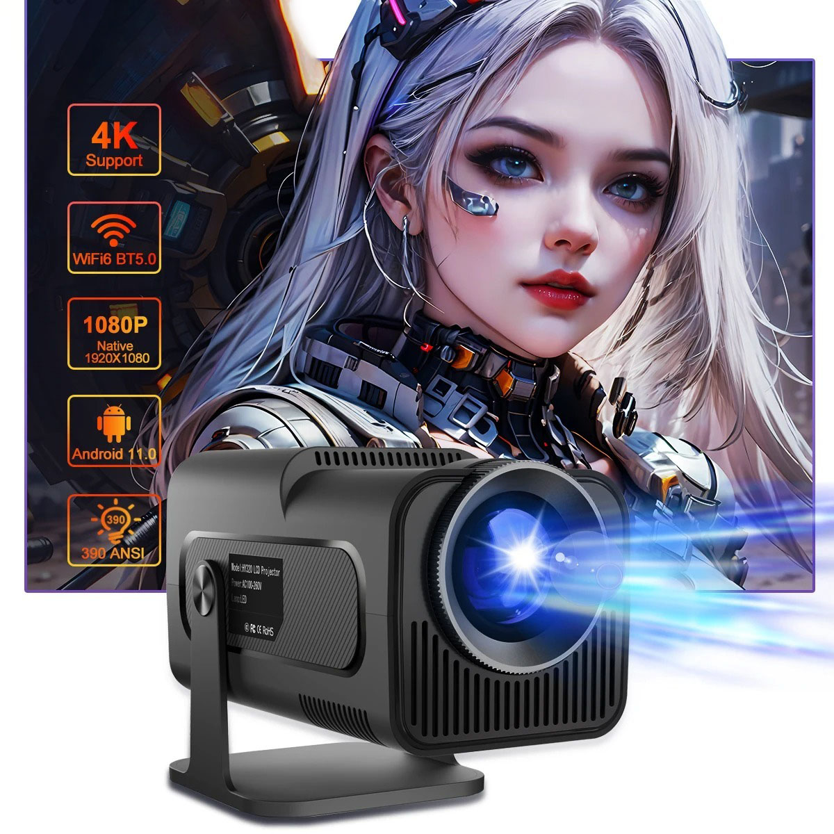 HY320 4K Android 13 Projector | Native 1080P | 390 ANSI | WiFi6 | BT5.0 | Portable Home Cinema