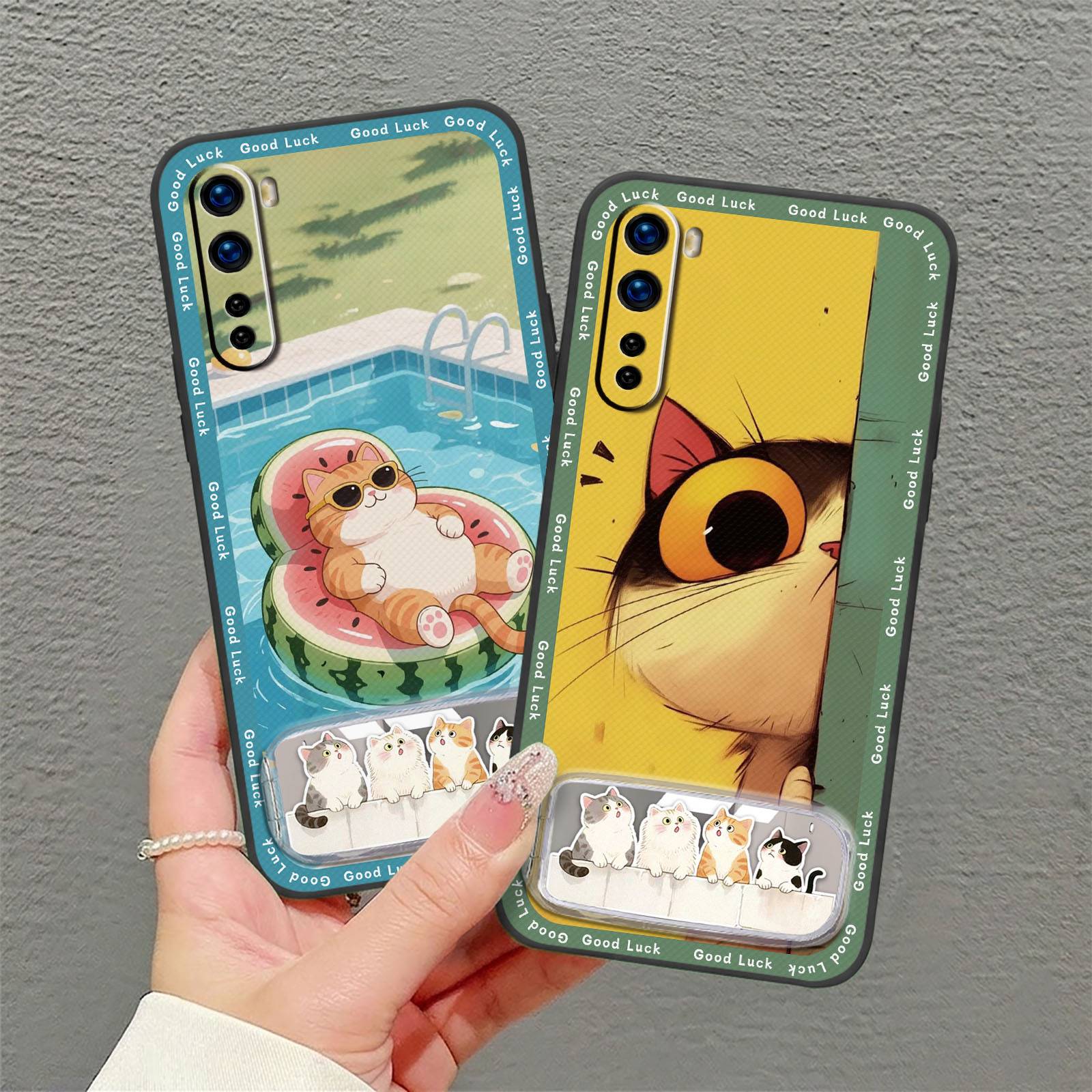 Cartoon Shockproof Phone Case For One Plus Nord Silicone Kickstand Cloth Patch Cute Phone Pouch Plush Mirror Soft case