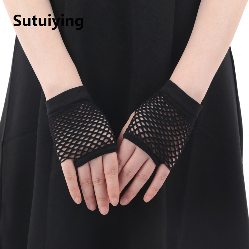 Sutuiying 2 Pair/set Black Ladies Mesh Net Fishnet Gloves Women Hollow Out Holes Fingerless Gloves Disco Lolita Costume Punk Mitten
