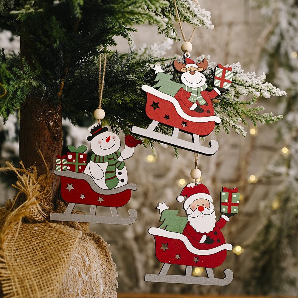 Kawaii Wooden Handmade Christmas Tree Pendant Snowman Deer Christmas Sign Wooden Santa Hanging Ornaments Cartoon Christmas Snowman Pendant Xmas New Year Decor