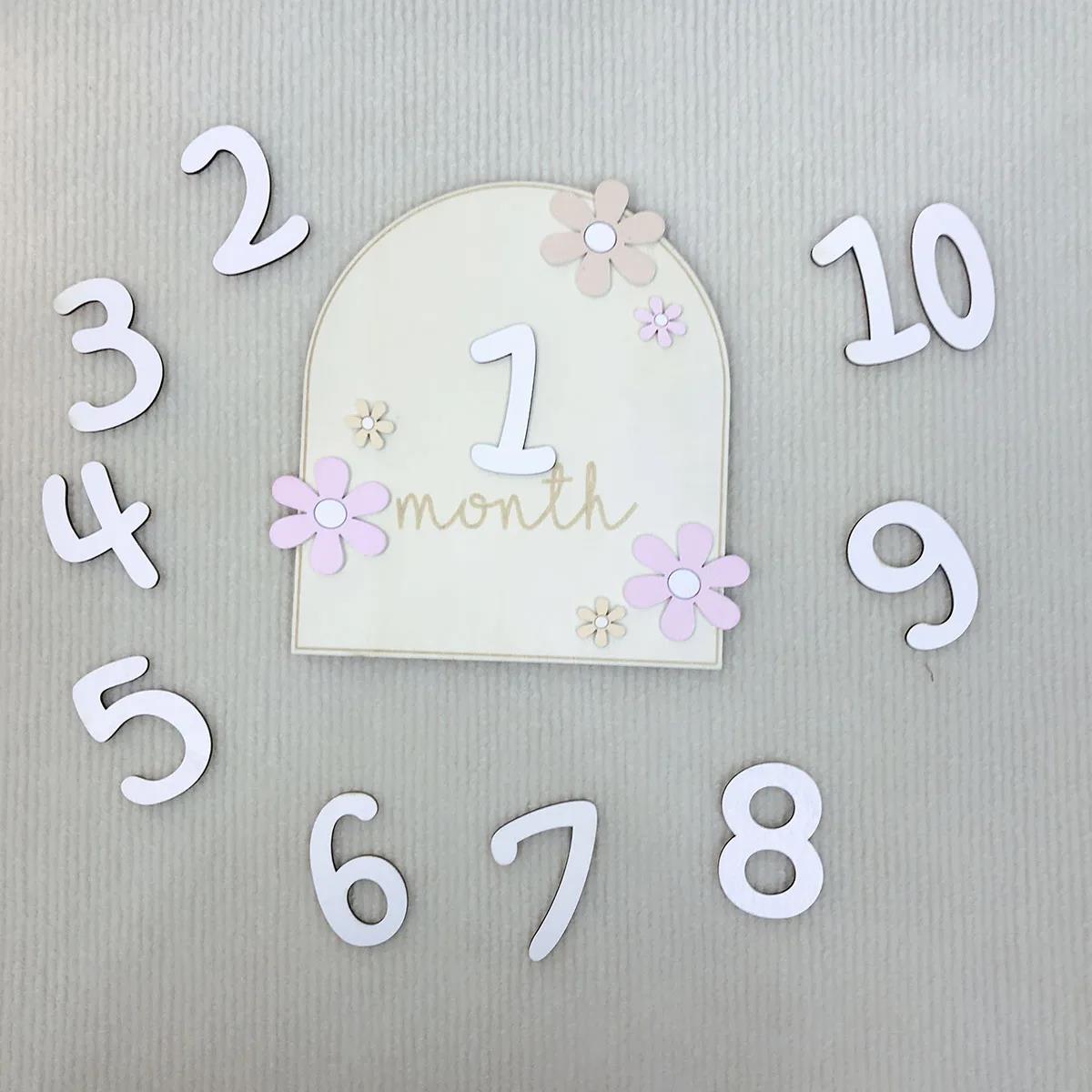 Bizzy Girls Boys Newborn Photography Props Baby Milestone Photo Props Wooden Baby Monthly Milestone Cards 3D Flowers Double Sides