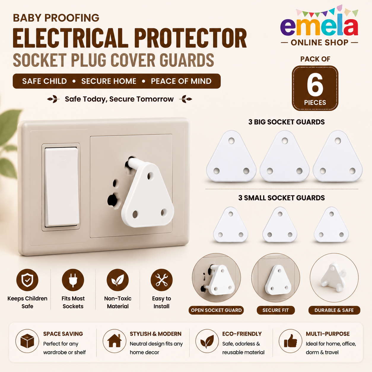 Baby Proofing Electrical Protector Socket Plug Cover Guards - Pack of 6 , White, Open Socket Guards Protector for Kids Safety, Electric Plugs Cover, Baby Safety Product - image 1