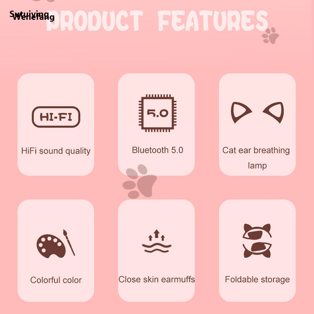 Wenefang Flash cute cat ears wireless headphones with microphone control LED girl stereo music helmet phone bluetooth compatible headphones