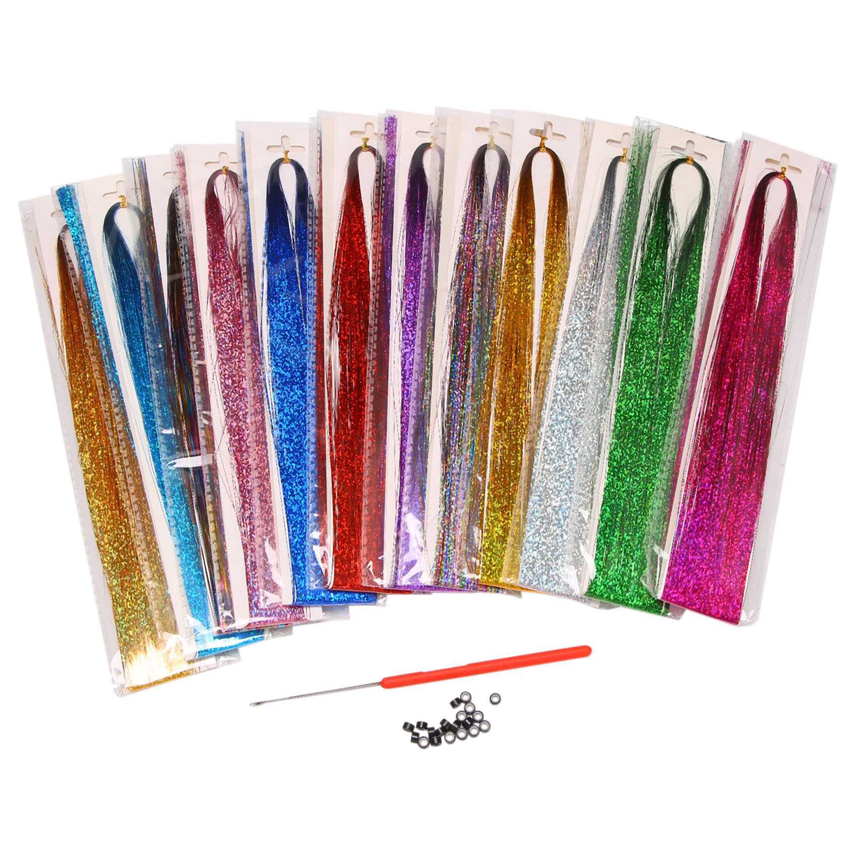 OUMERY Hair Tinsel Strands Kit, Tinsel Hair Extensions, Fairy Hair Tinsel Kit for Women Girls with Tools (12 Colors)