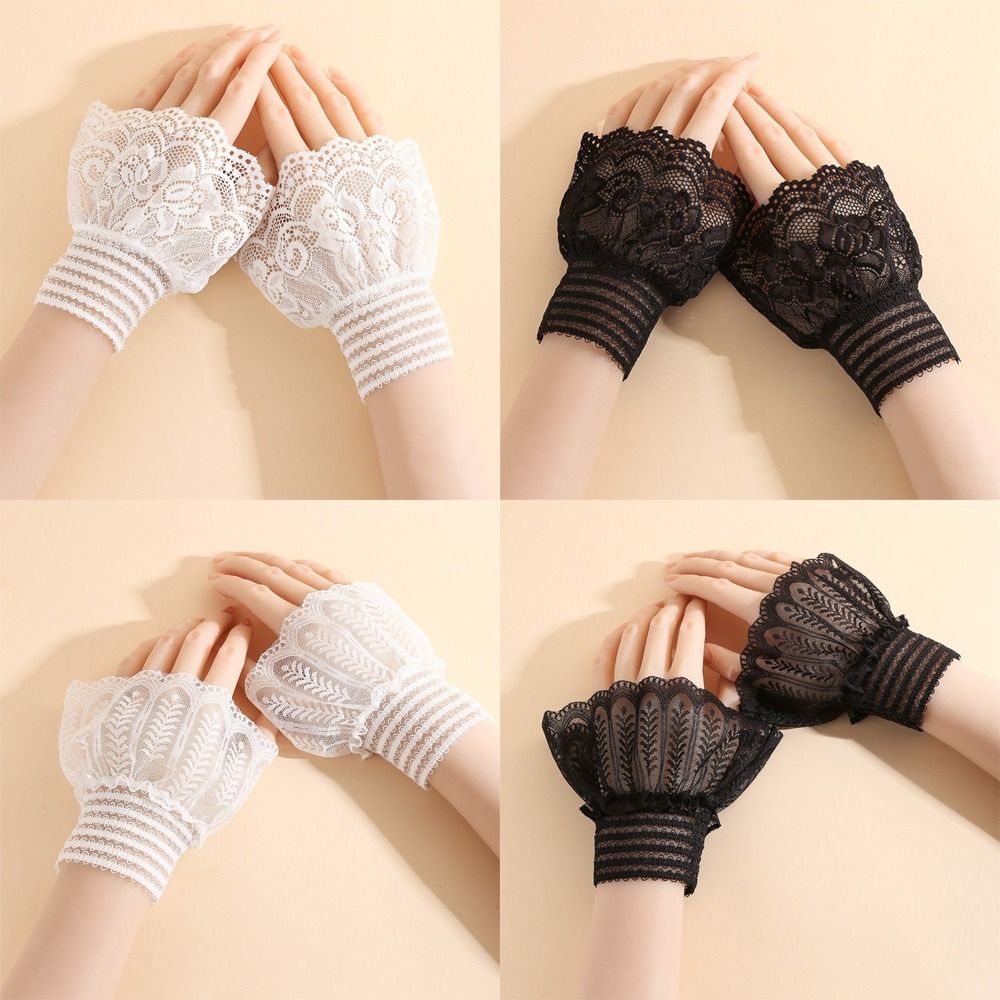1 Pair Versatile Elegant Fake Cuffs Detachable Solid Color False Cuffs Thin Embroidery Pattern Lace Sleeves For Women