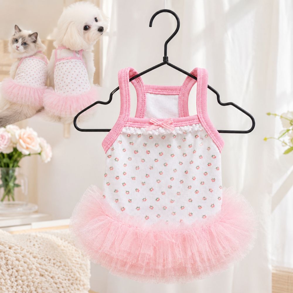 Cute Pink Bow Summer Dog Cat Ballet Tutu Floral Print Thin Pet Princess Dress Tulle Breathable Dog Slip Dress For S To XL Size