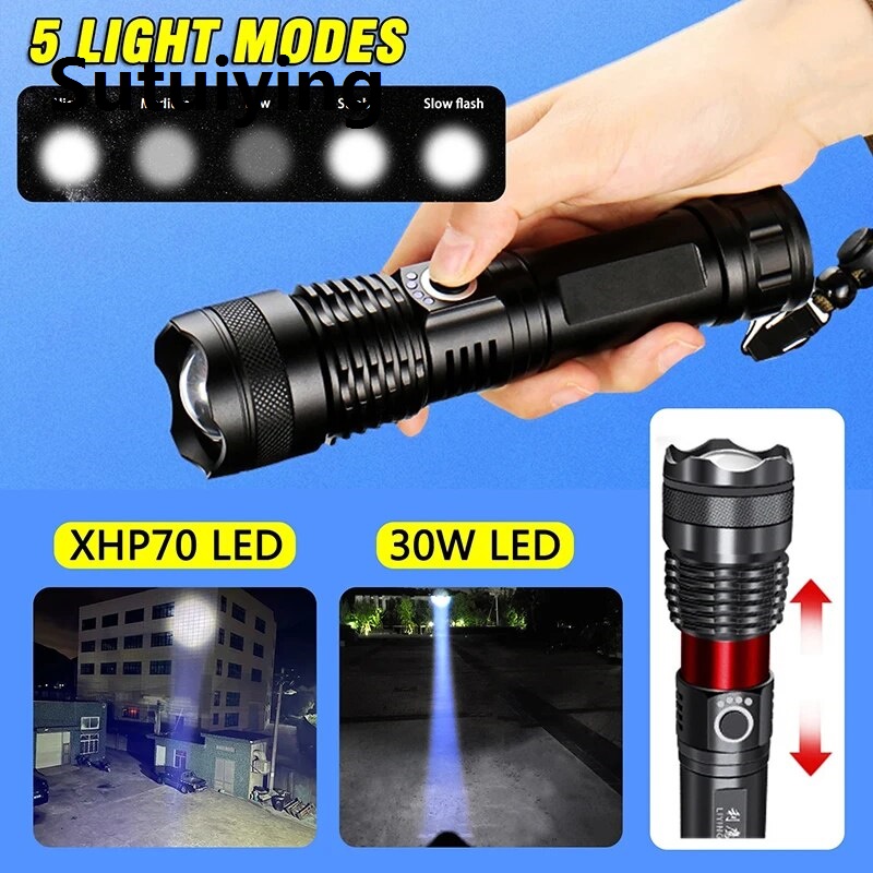 Sutuiying XHP70 Powerful Rechargeable Led Flashlight Variable Focus 30W Torch Tactical Lantern Long Shot Torch Outdoor Camping Emergency Bike Accessories