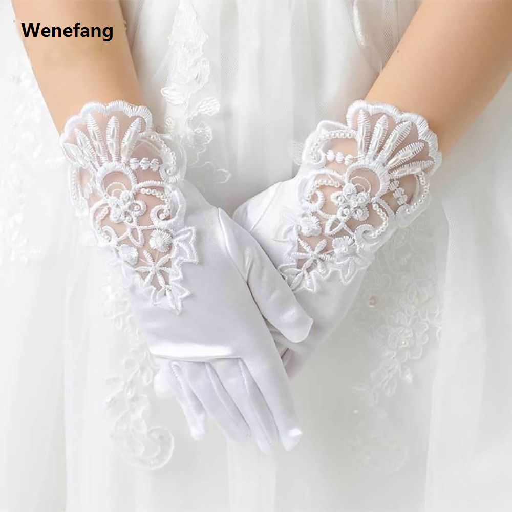 Wenefang 1Pair Girls Gorgeous Satin Fancy Lace Gloves for Special Occasion Dress Formal Wedding Party