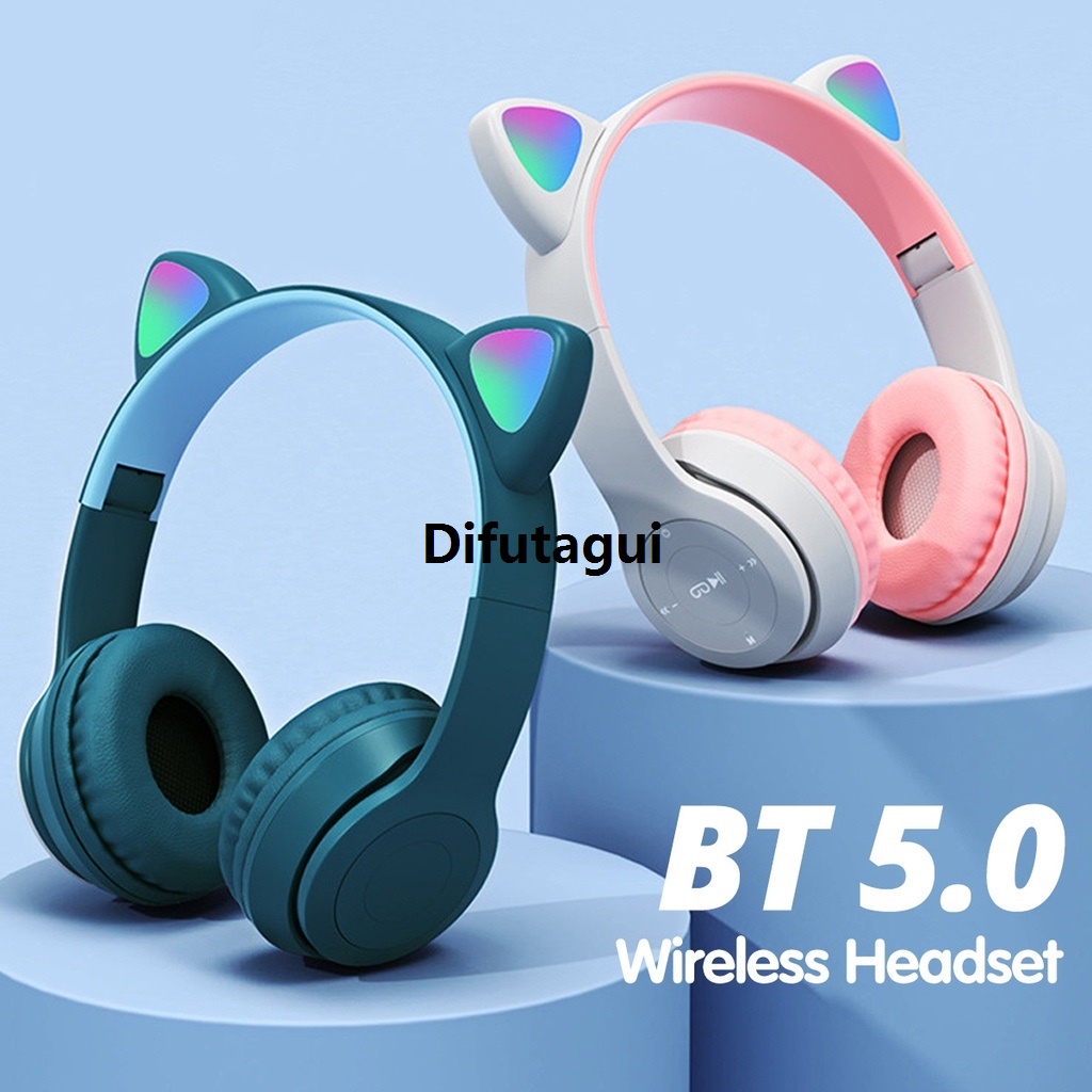 Difutagui 2025 NEW Original P47M Cute Fashion Cat Ears Wireless Headphones Flash Light LED RGB Gaming Special Bluetooth Headset For Girl Kids Foldable Earphones Gift (Features P47 Solo XB450)